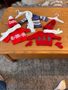 3 New sets Sweater, Hat, scarf, mittens for 18 inch Dolls w hangers